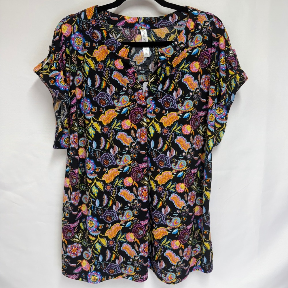 Dear Scarlett Floral Paisley‎ Split Neck Button Tab Sleeve Top XL Boho Office